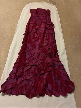 Teri Jon Strapless Ruffled Wine Evening Gown